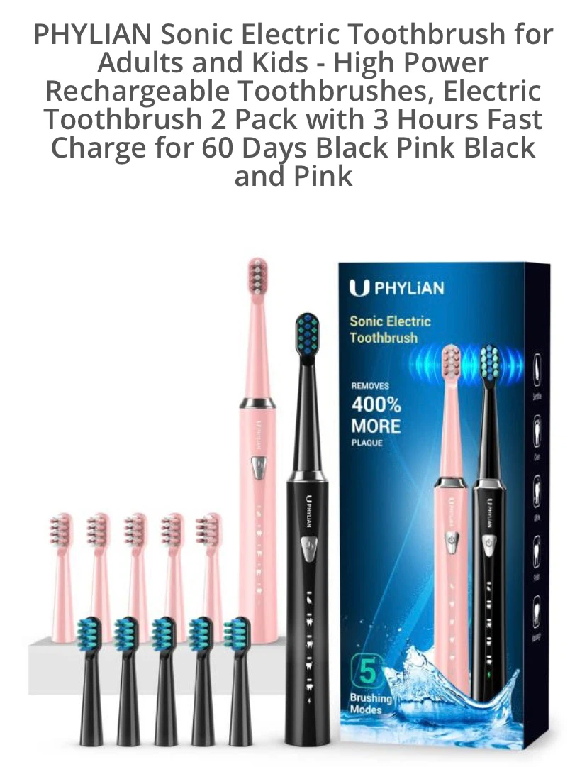 New PHYLIAN Sonic Electric Toothbrush 2 pack