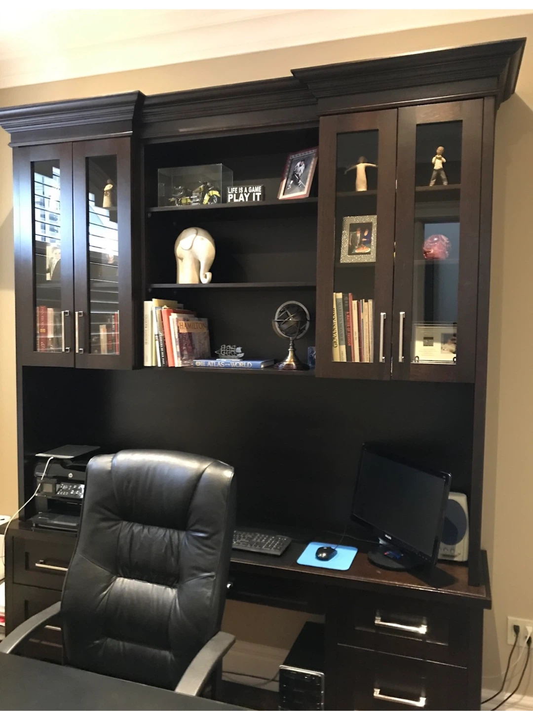 Custom made Dark Wood Executive Desk with Hutch and Chair