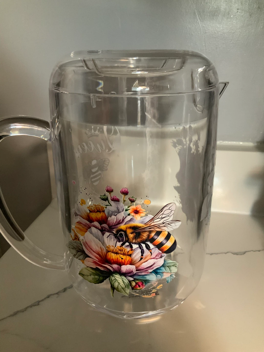 Clear Pitcher with Bee & Flower Design - photo 2