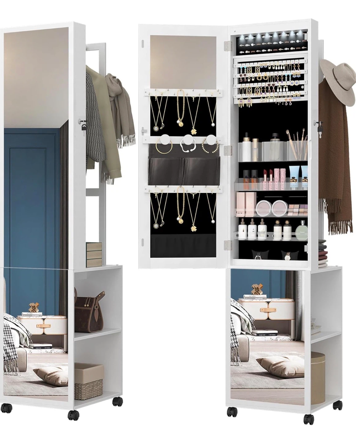 Large White Jewelry Cabinet with Mirror and Storage