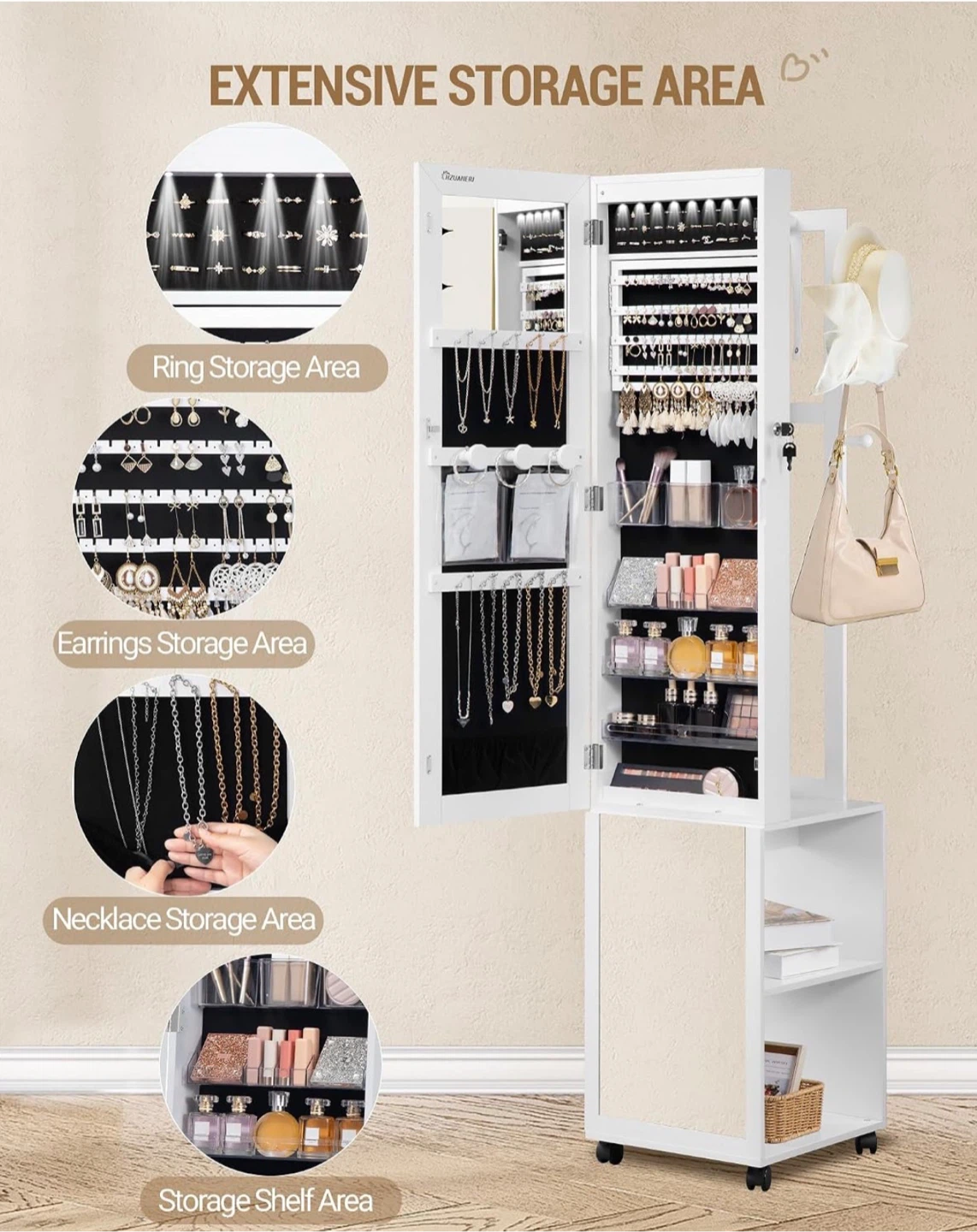 Large White Jewelry Cabinet with Mirror and Storage - photo 3