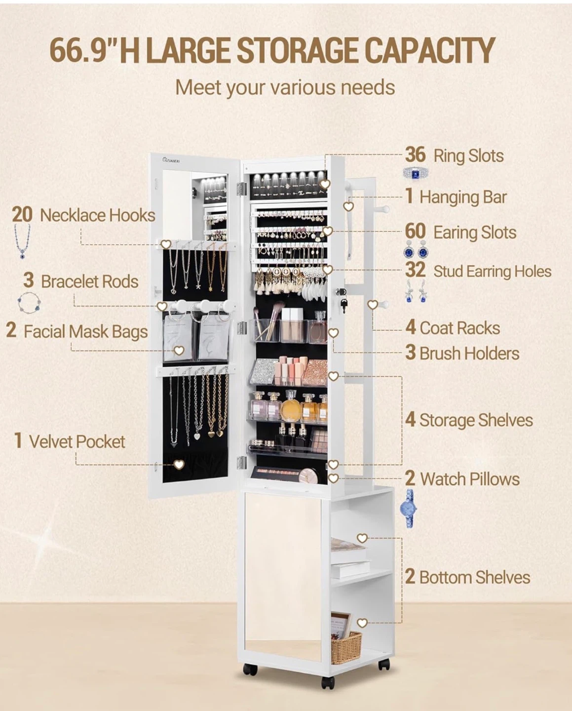 Large White Jewelry Cabinet with Mirror and Storage - photo 4