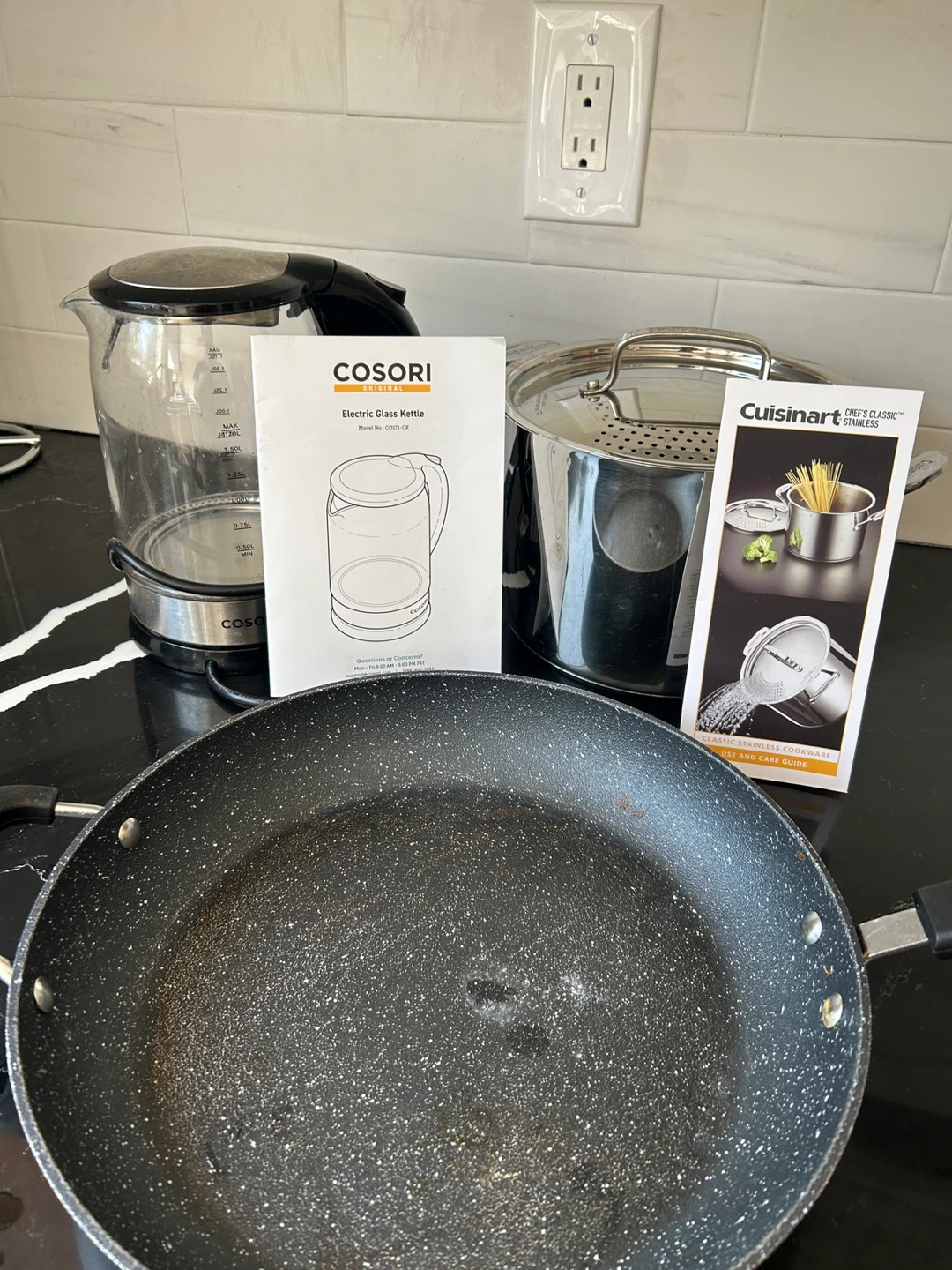 Cosori Electric Glass Kettle and Cuisinart Saucepan