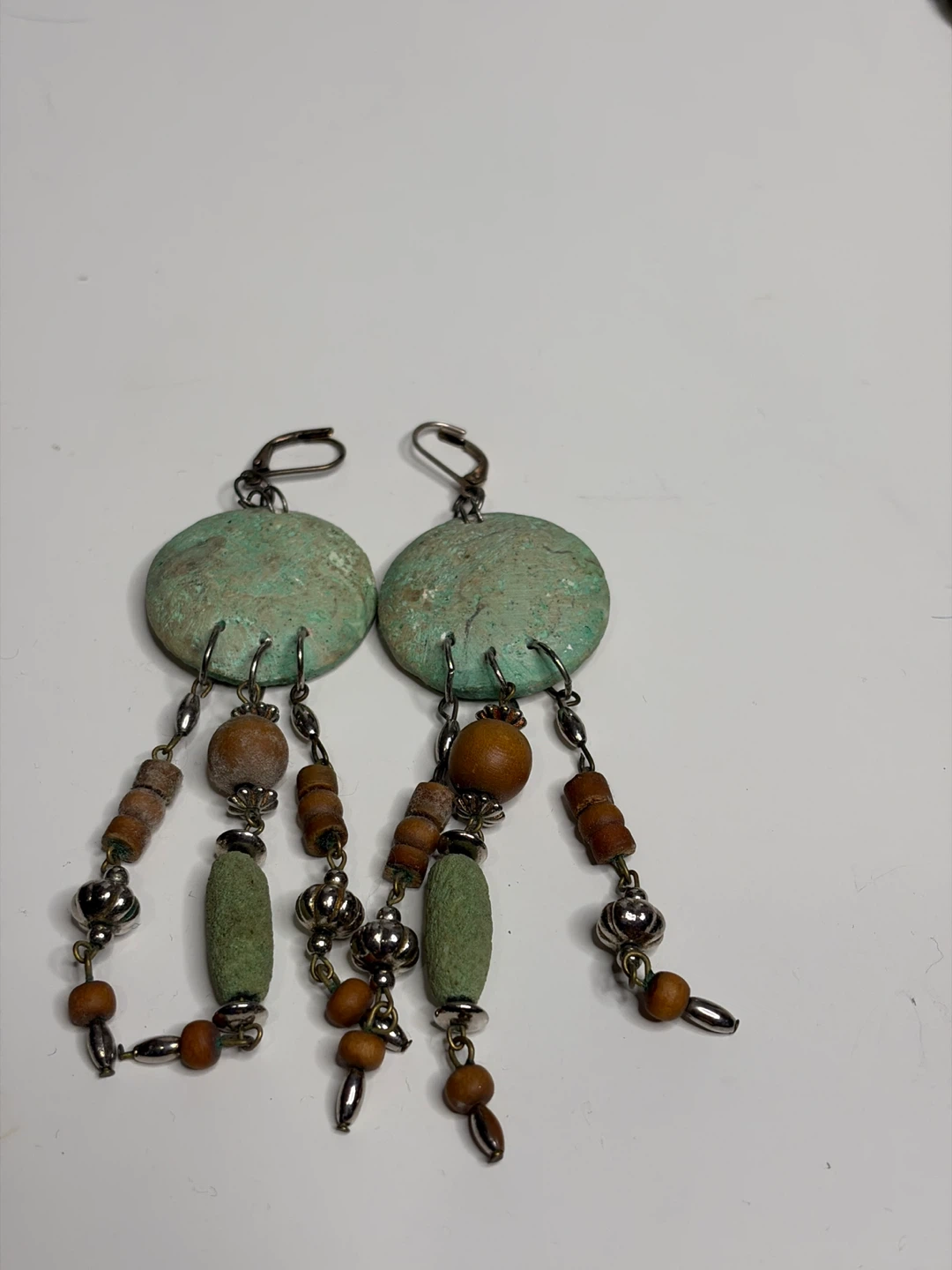 Boho Dangle Earrings with Wood and Green Beads