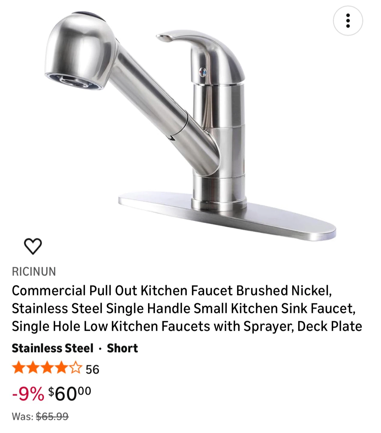 RICINUN Commercial Pull Out Kitchen Faucet Brushed Nickel Short