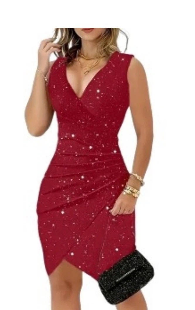 Red Sparkle Ruched Sleeveless Dress