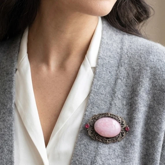Vintage Pink Stone Filigree Brooch Oval Antiqued Silver Pin