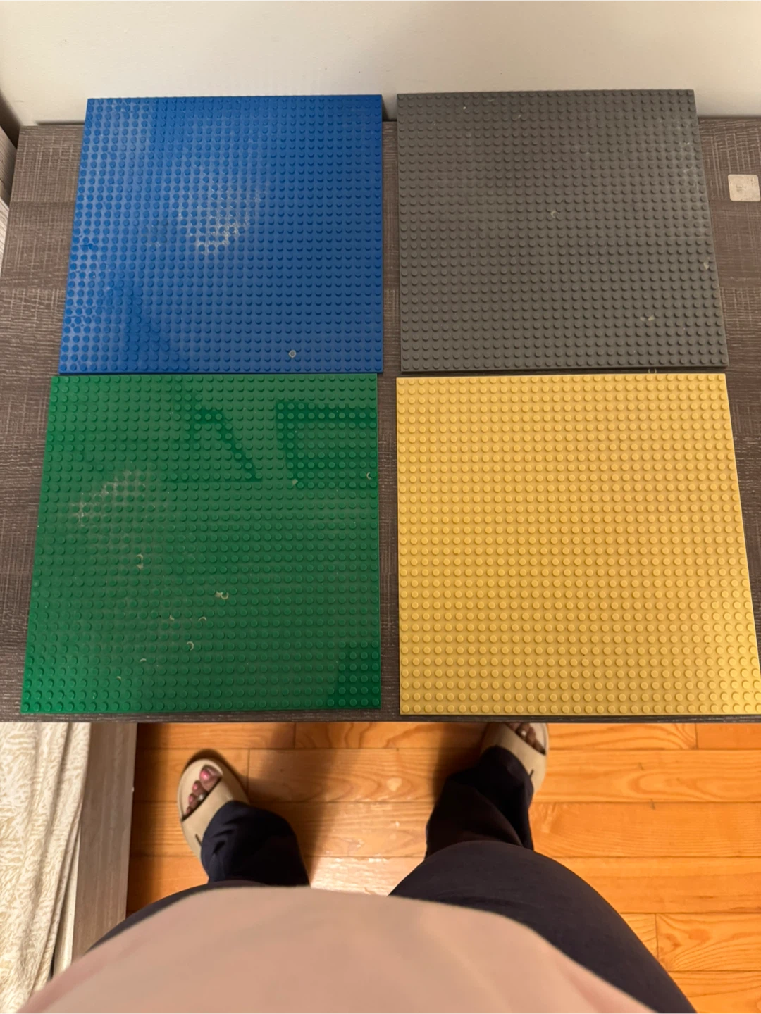 4 Large Lego Baseplates - Blue, Grey, Green, Yellow