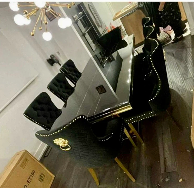 Black Velvet Dining Table and Chairs with Gold Accents