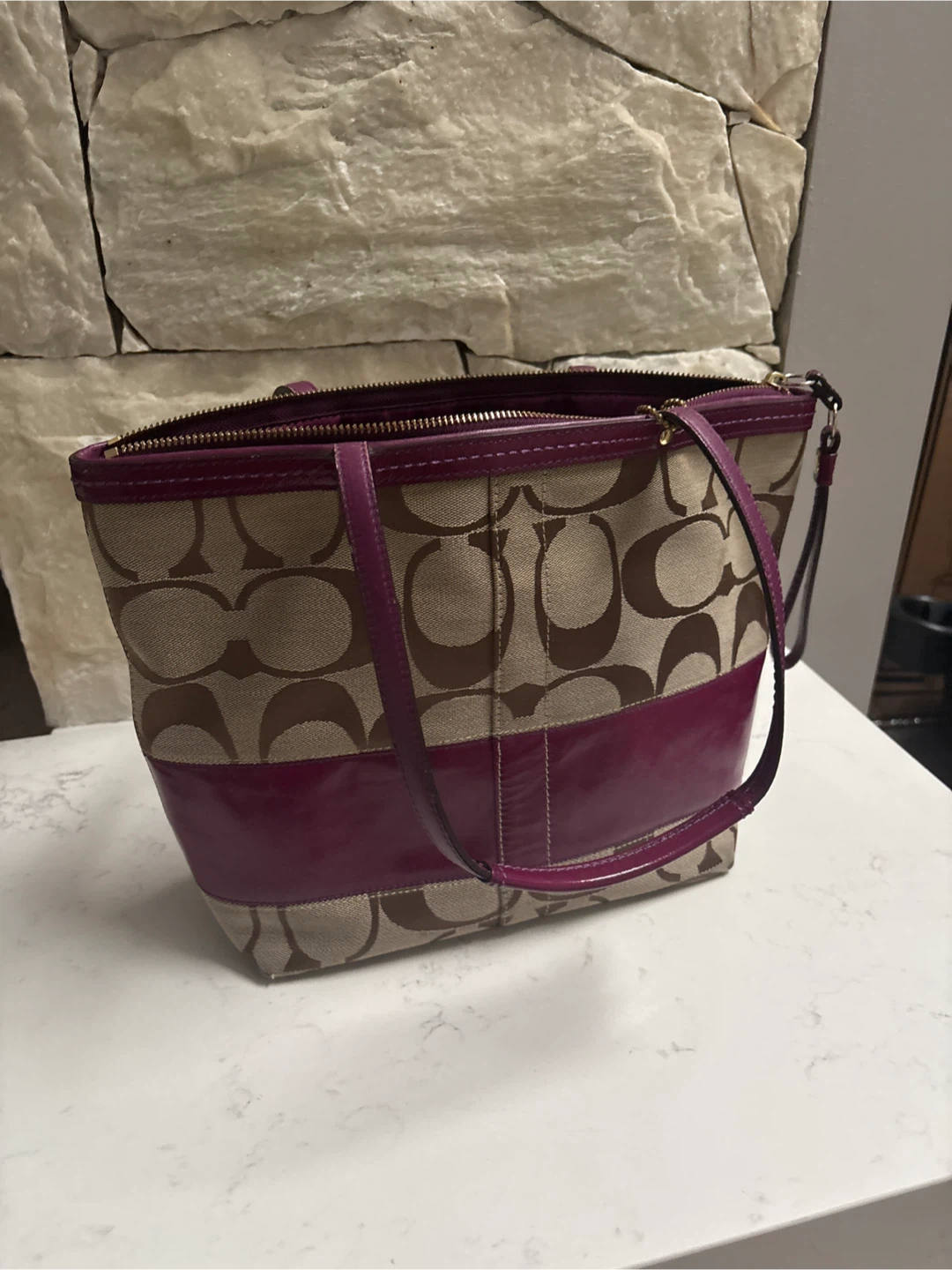 Coach Signature Stripe Tote Bag - Pink/Brown