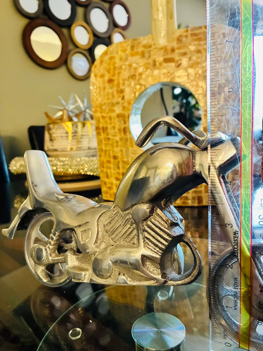 Vintage Cast Aluminum Motorcycle Figurine, Silver Finish - photo 2