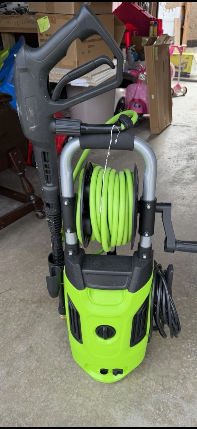 Green Electric Pressure Washer Wheel-Mounted with Hose Reel