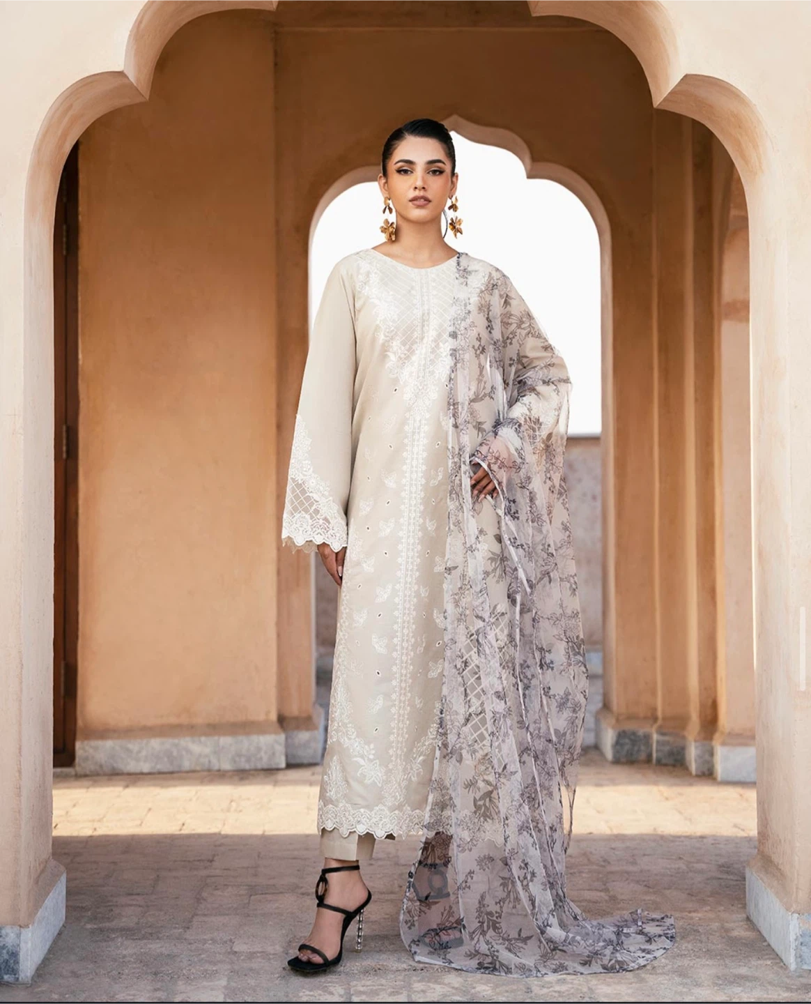 Beige lawn embroidered suit