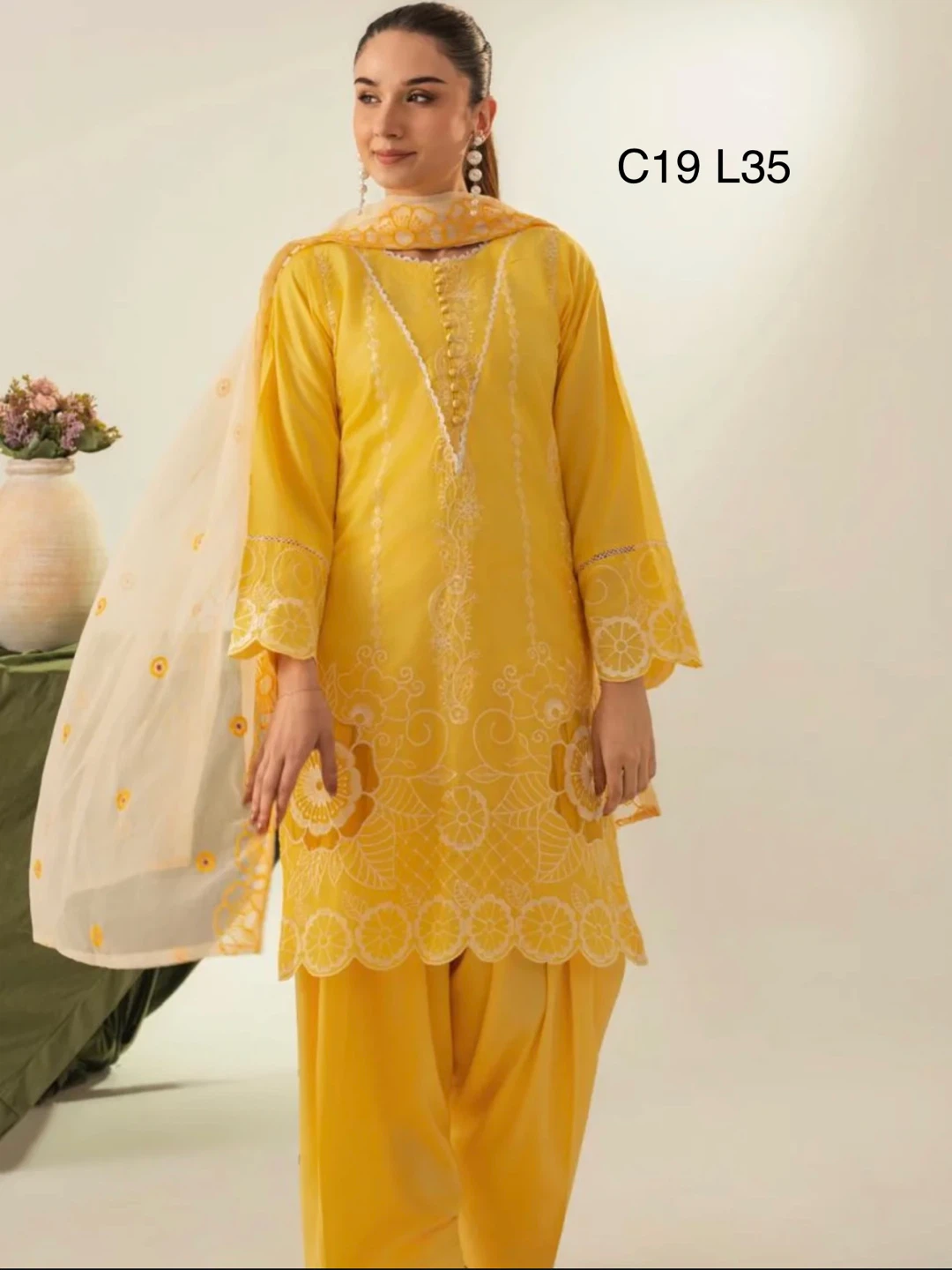 Women's Yellow Embroidered 3-Piece Suit