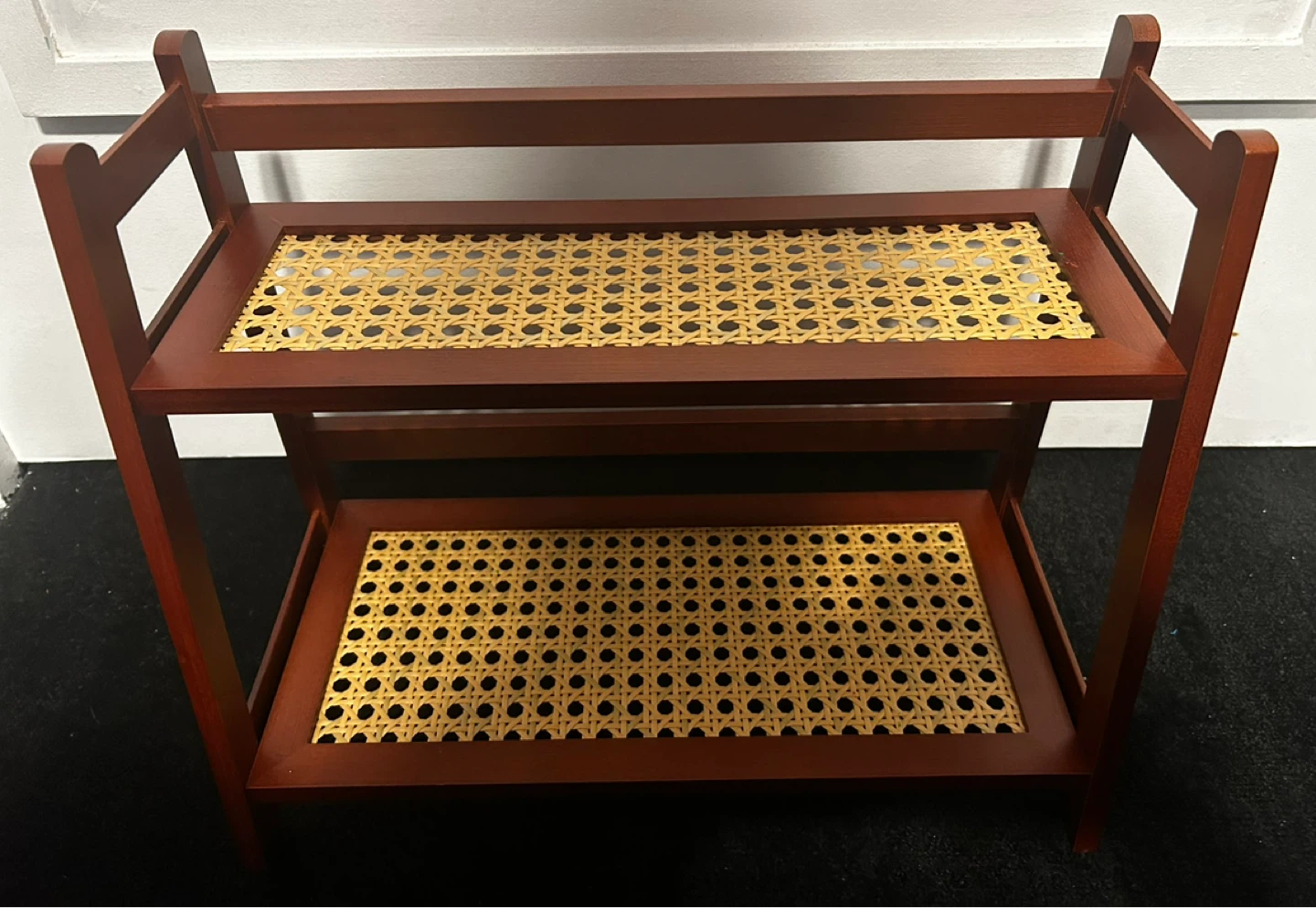 2-Tier Wooden Shelf with Rattan Inlay