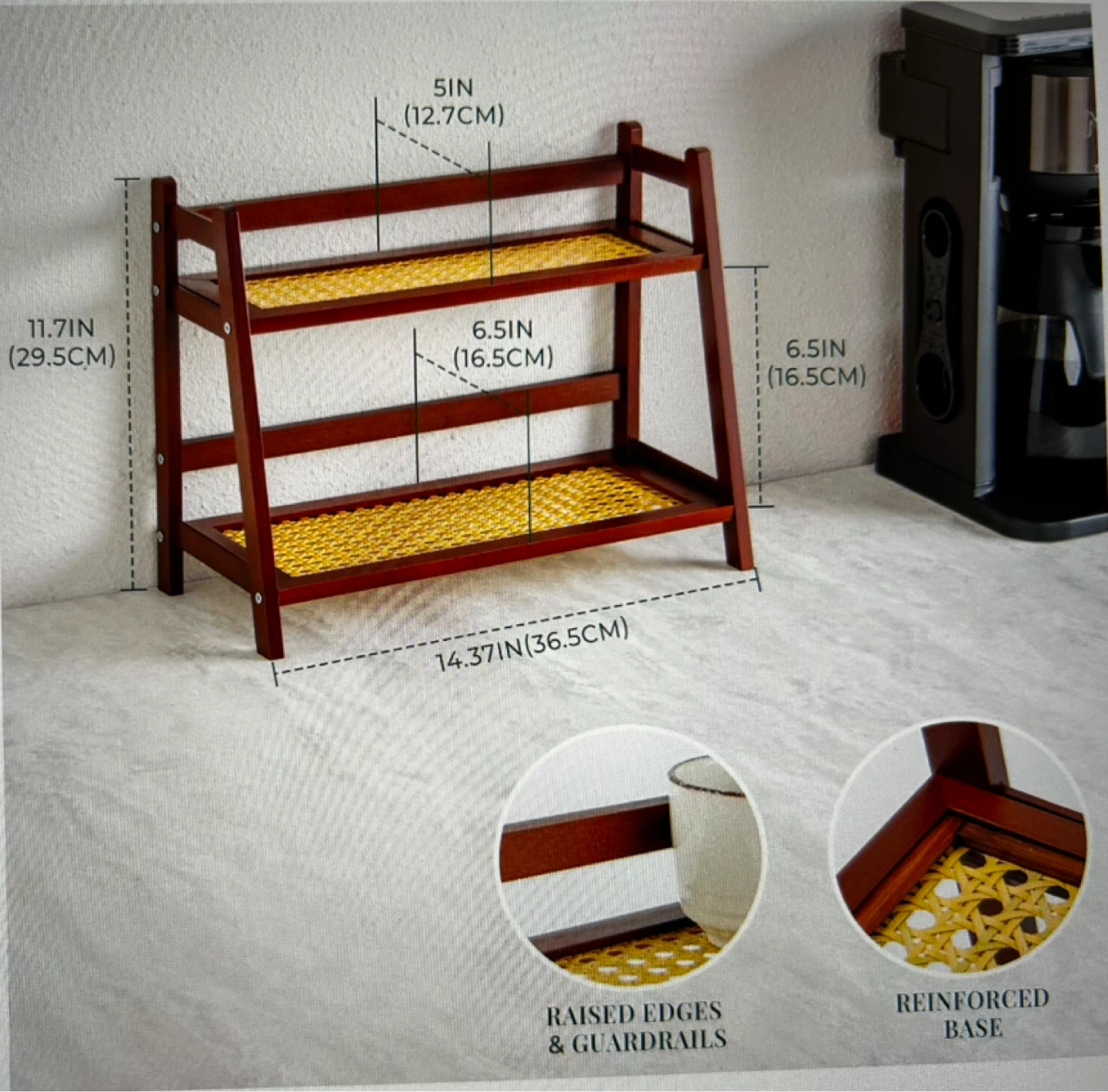 2-Tier Wooden Shelf with Rattan Inlay - photo 2