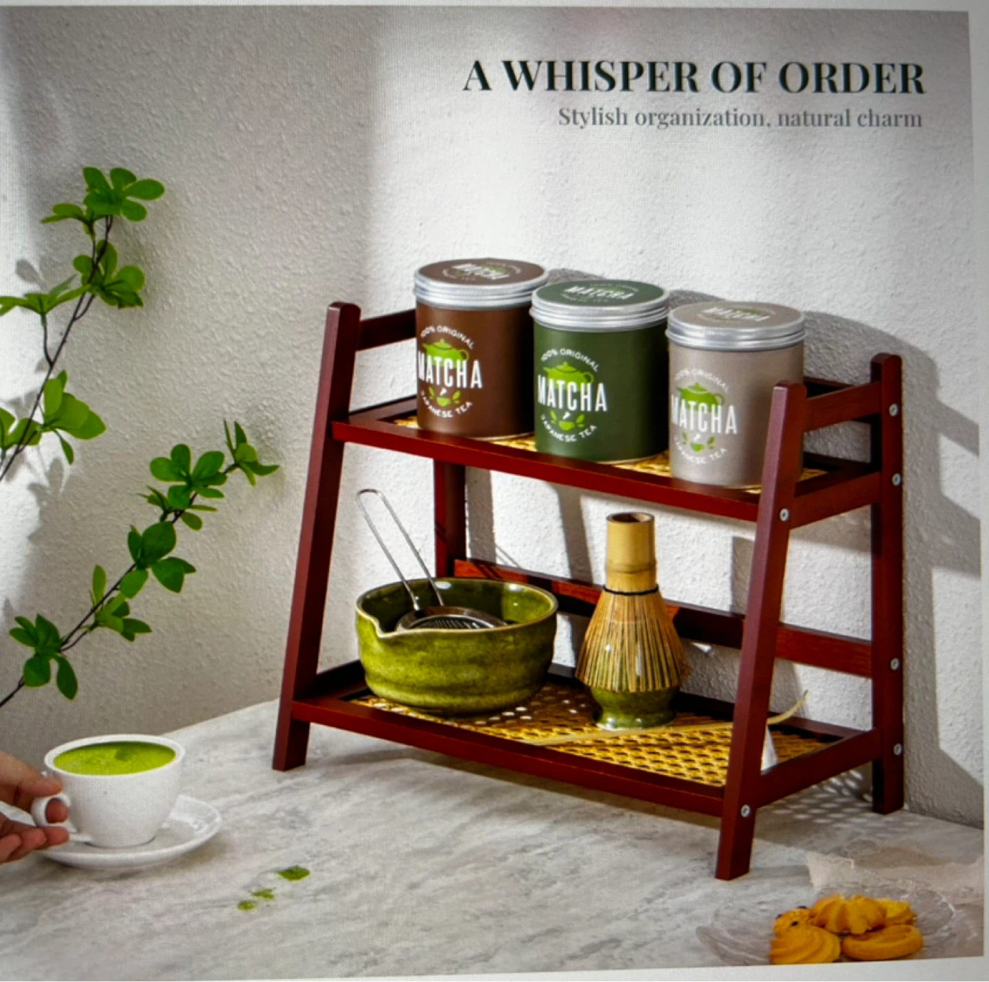 2-Tier Wooden Shelf with Rattan Inlay - photo 4