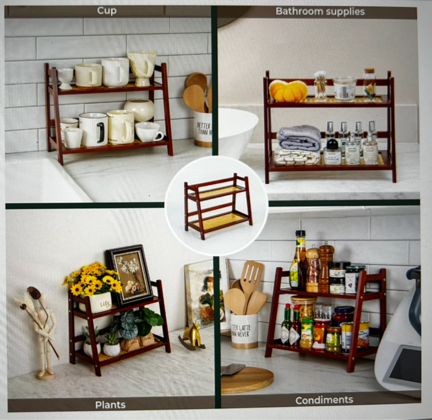 2-Tier Wooden Shelf with Rattan Inlay - photo 5