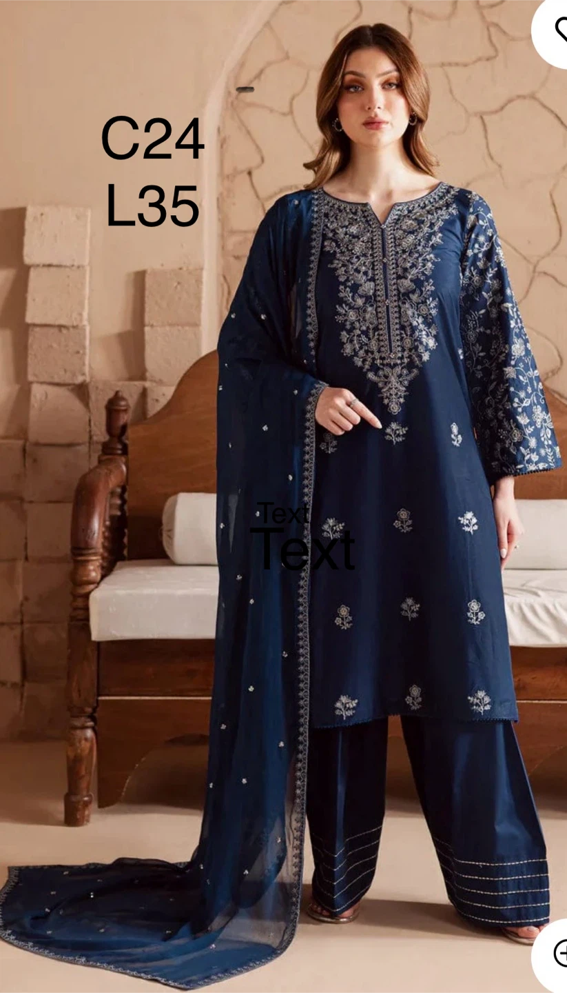 Navy Blue Embroidered Lawn Suit with Dupatta