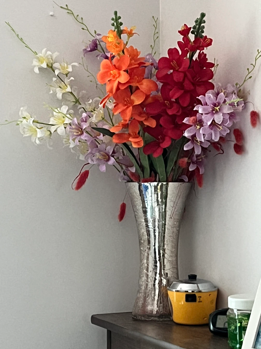 Silver Crackle Finish Vase with Artificial Flowers