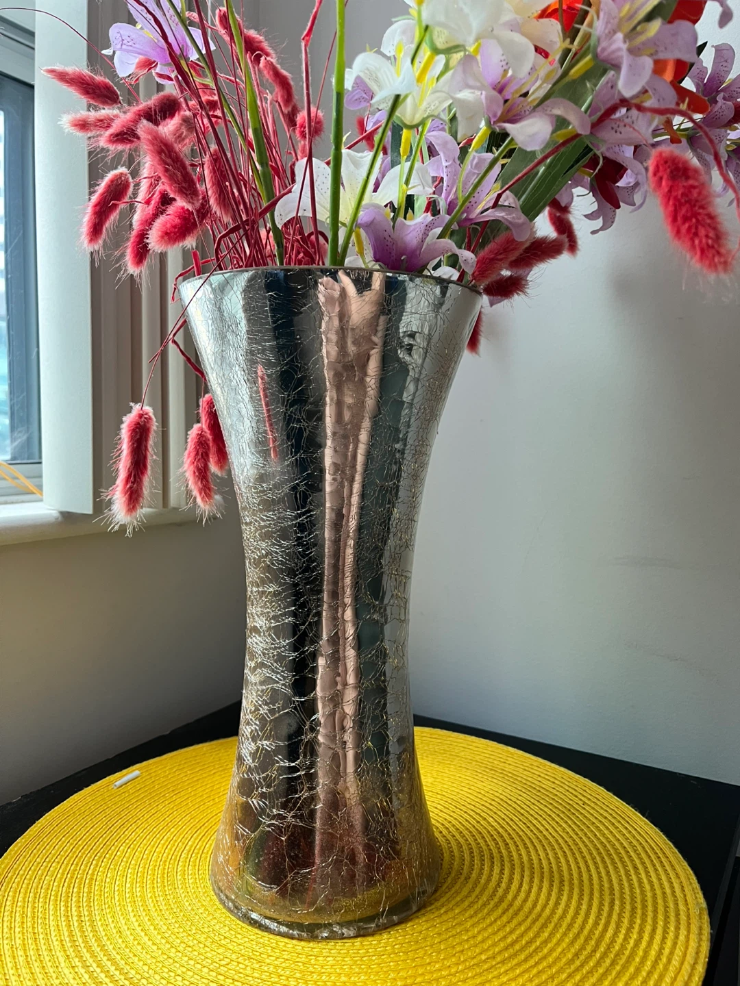 Silver Crackle Finish Vase with Artificial Flowers - photo 2