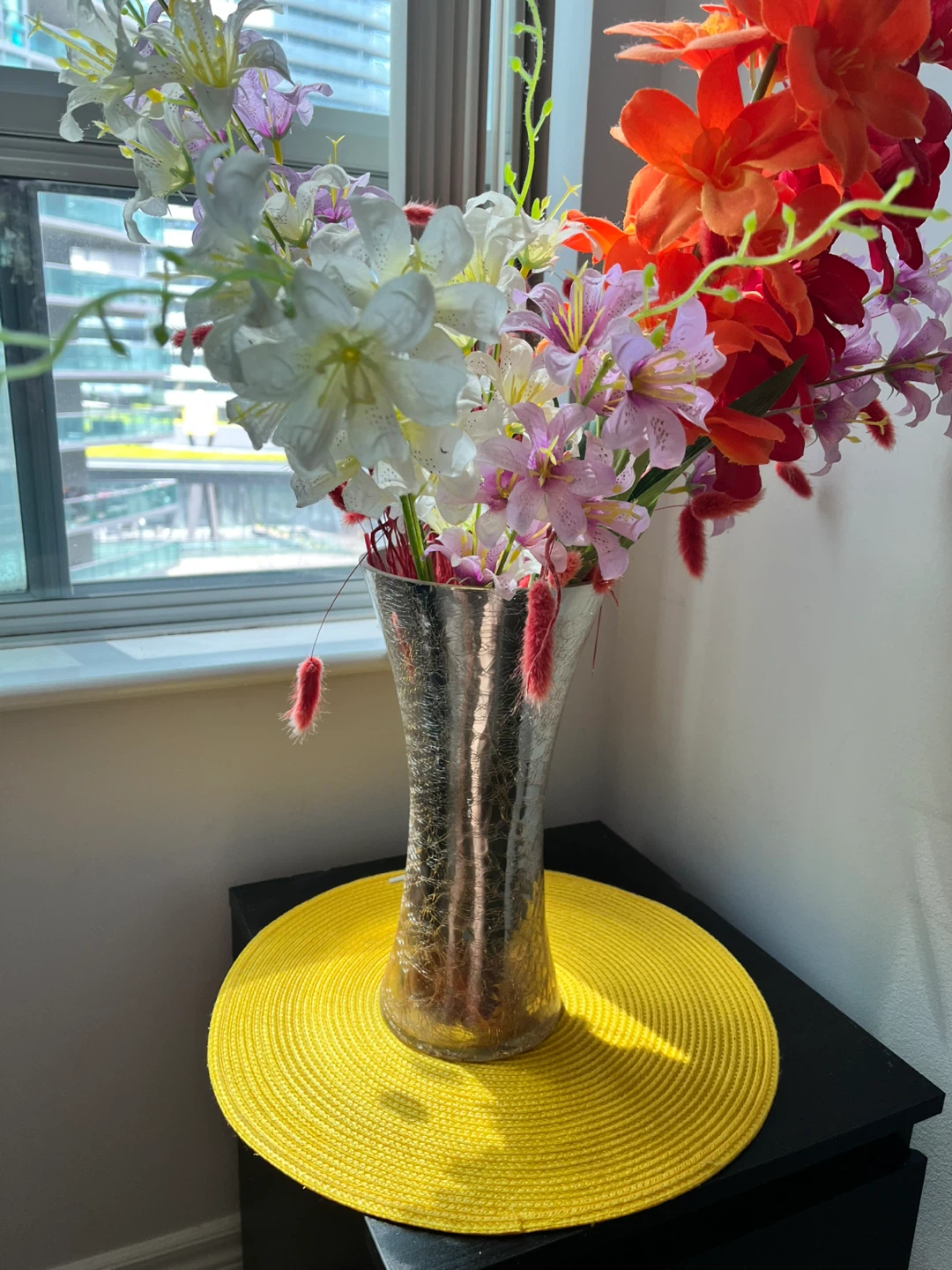 Silver Crackle Finish Vase with Artificial Flowers - photo 3