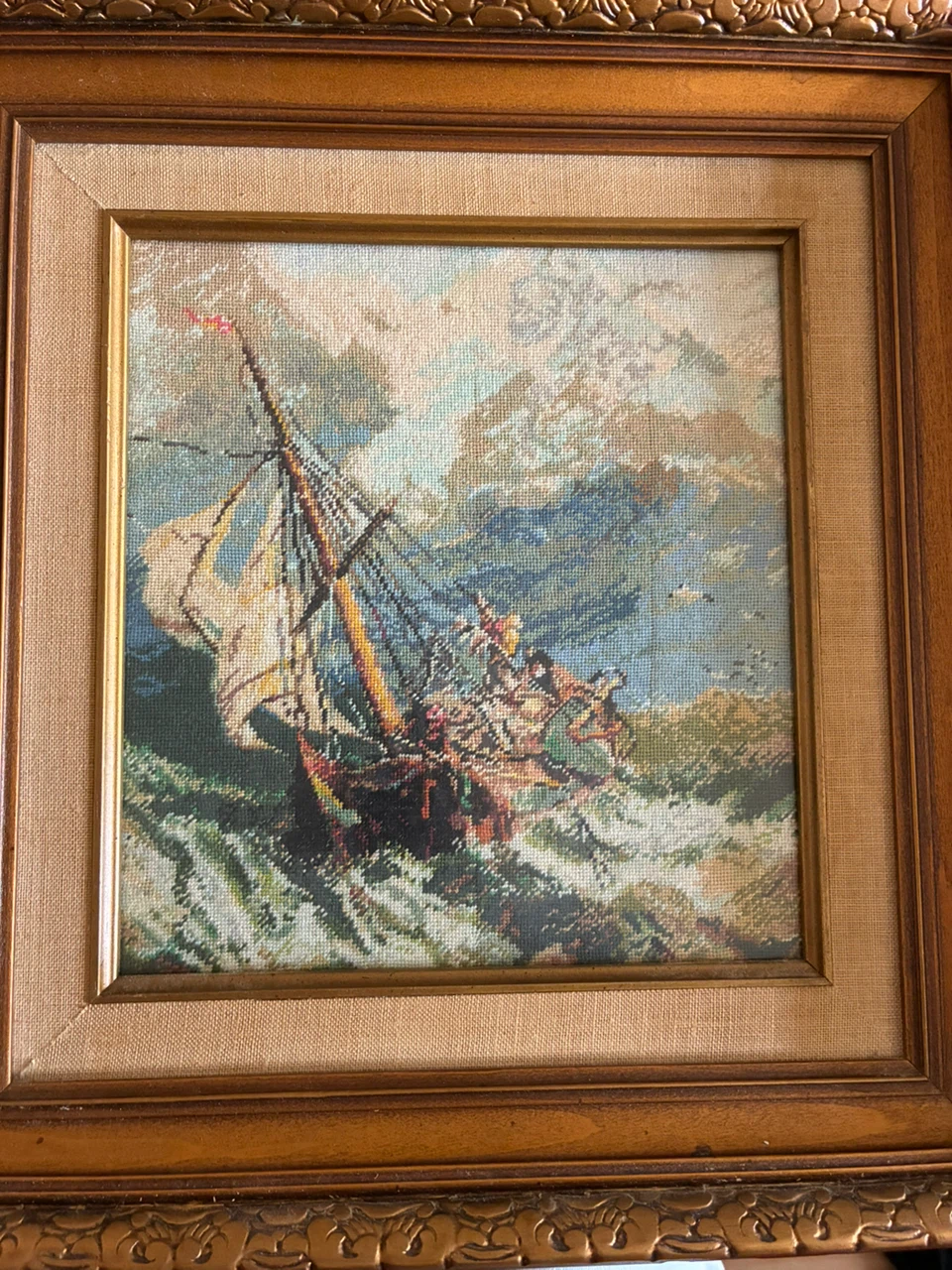 Framed Vintage Ship Needlepoint Art