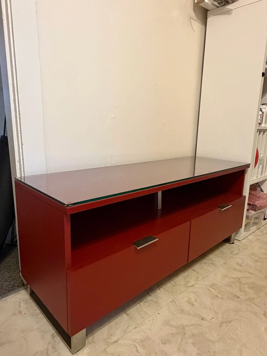 Red Media Console with Glass Top