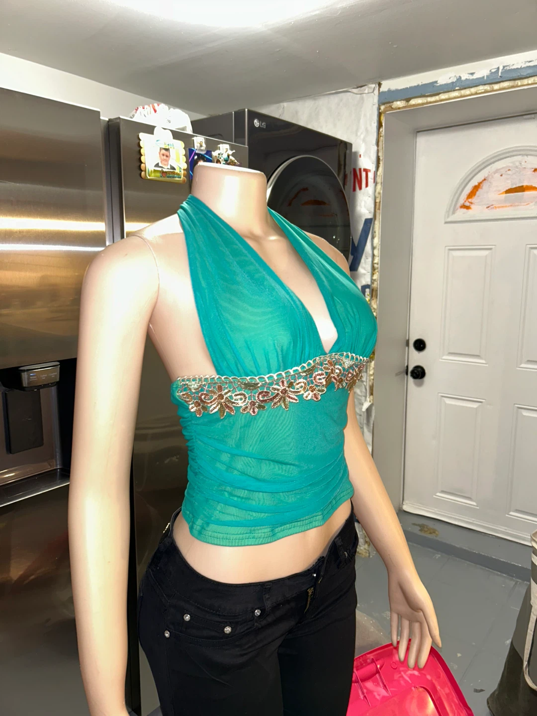 Teal Ruched Halter Top with Embellished Trim