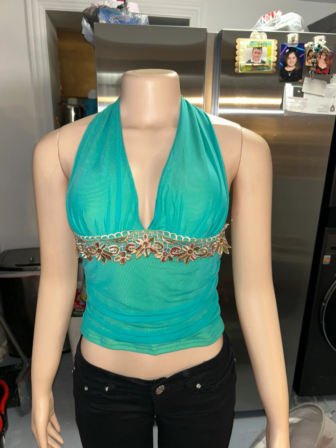 Teal Ruched Halter Top with Embellished Trim - photo 2