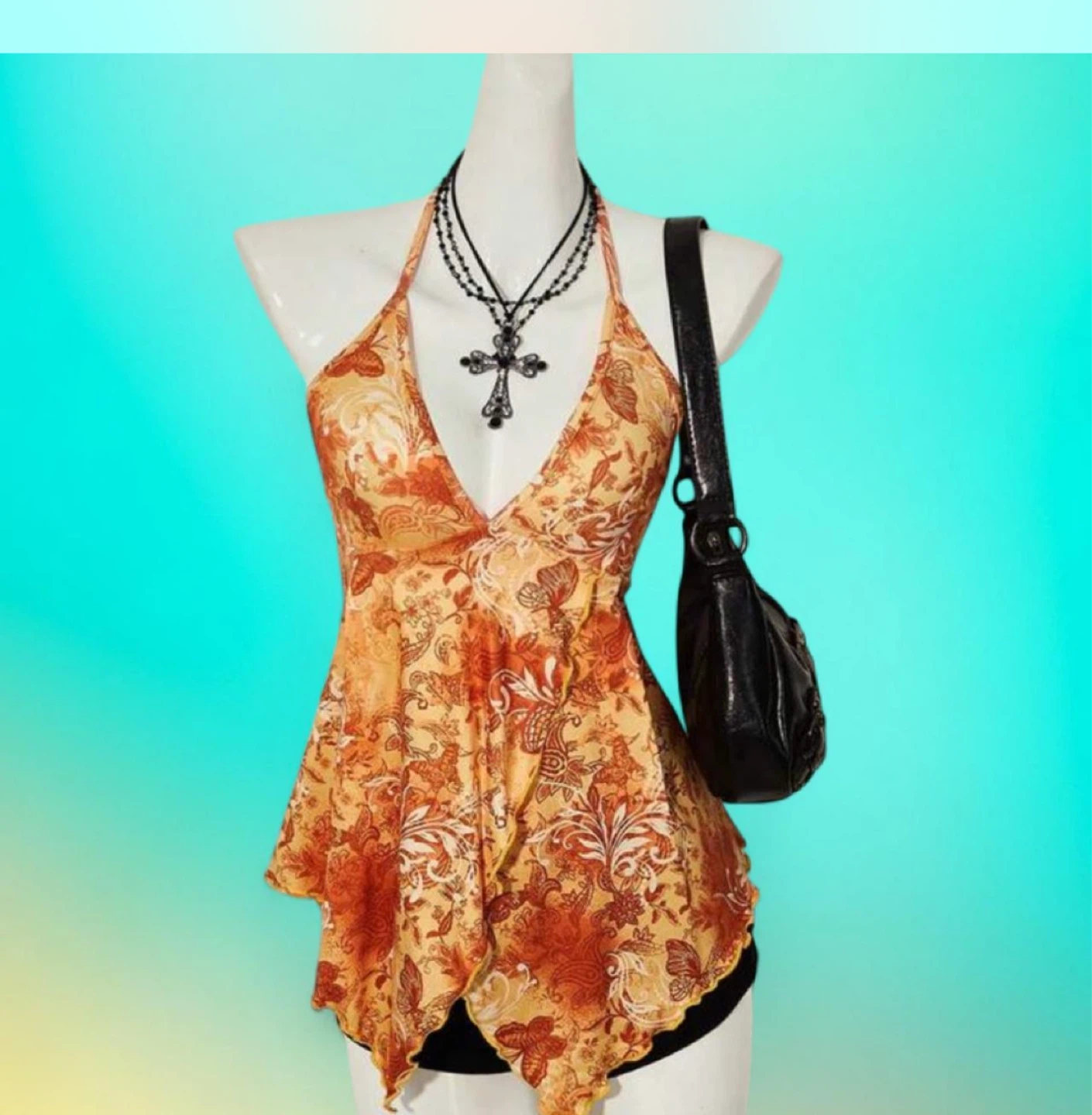 Women's Orange Butterfly Print Halter Top