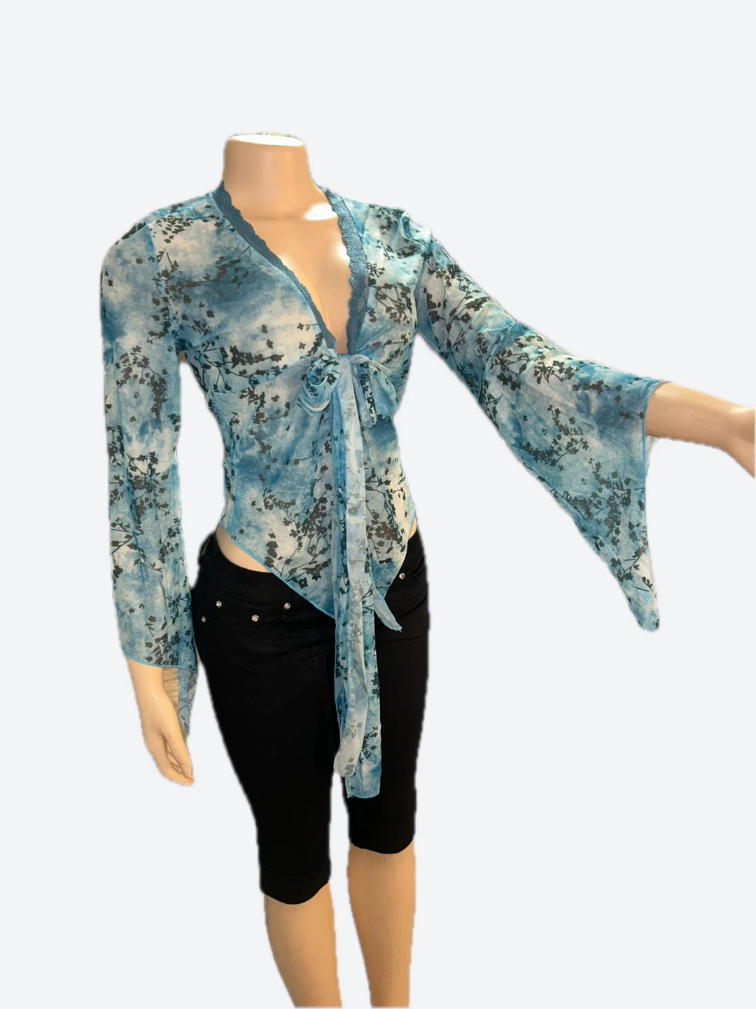 Sheer Blue Floral Tie-Front Top - photo 3