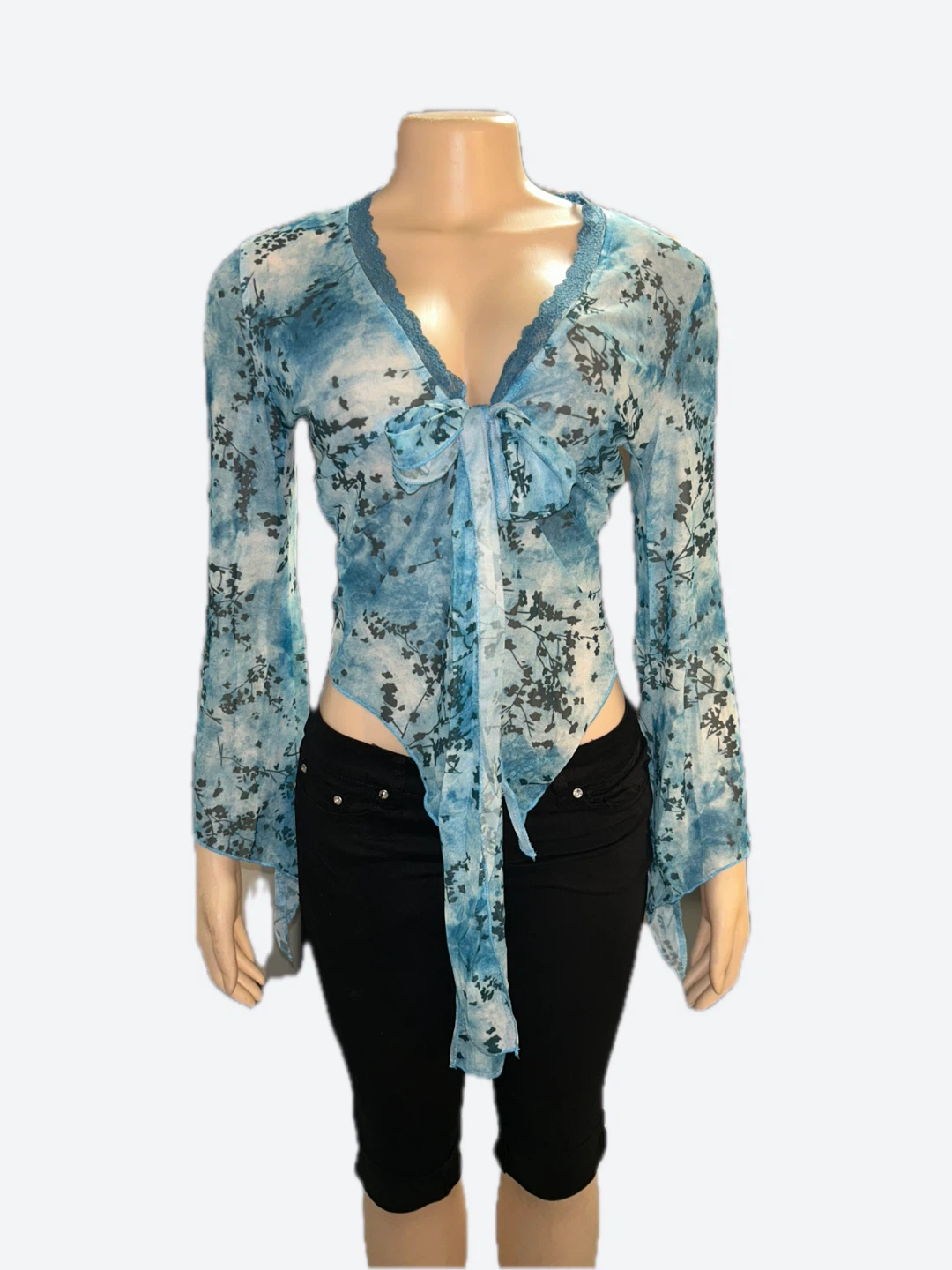 Sheer Blue Floral Tie-Front Top