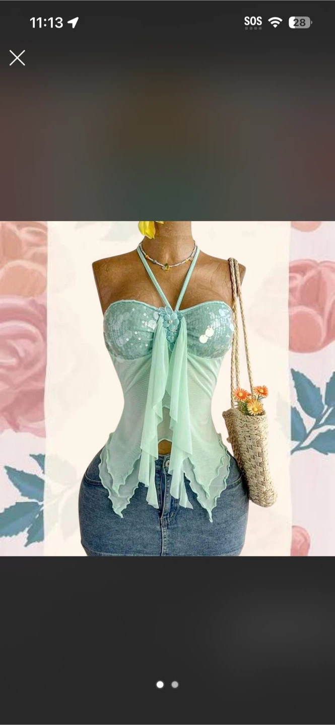 Mint Sequin Halter Top with Ruffle Trim