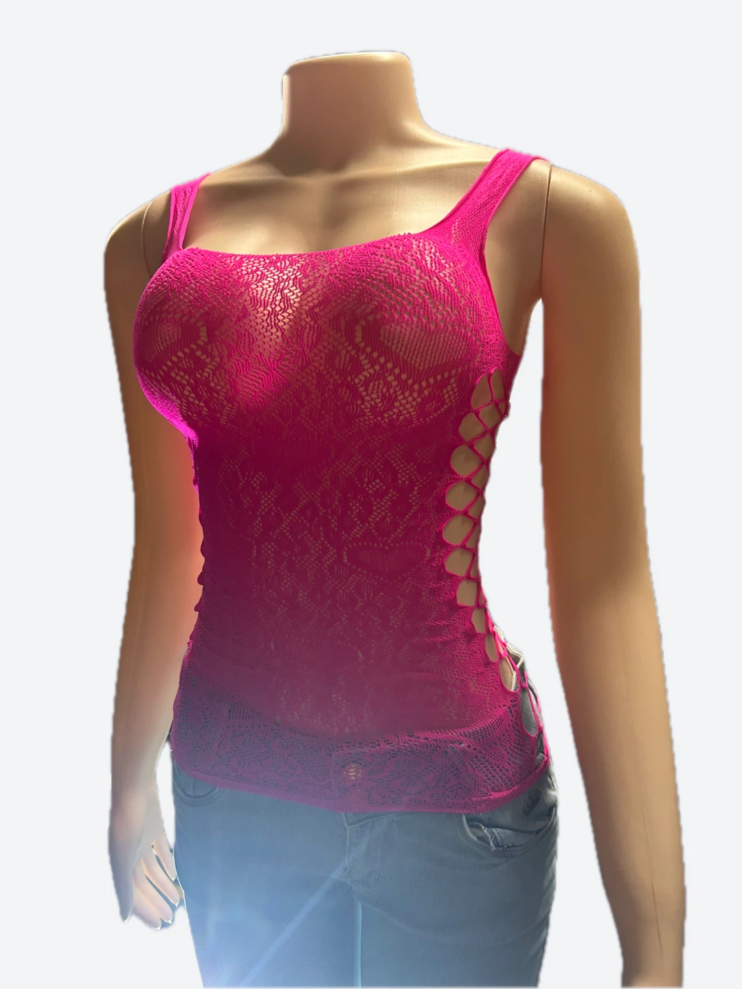 Hot Pink Lace Up Fishnet Tank Top