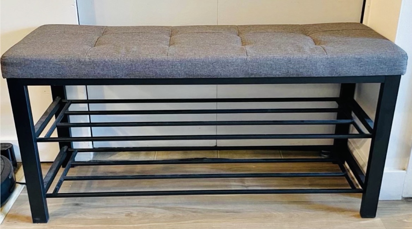 Gray Tufted Upholstered Storage Bench with Shoe Rack