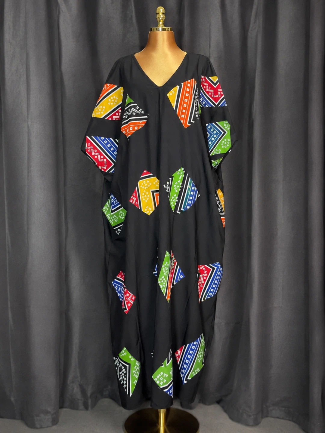 Black Kaftan Dress with Colourful Geometric Patchwork
