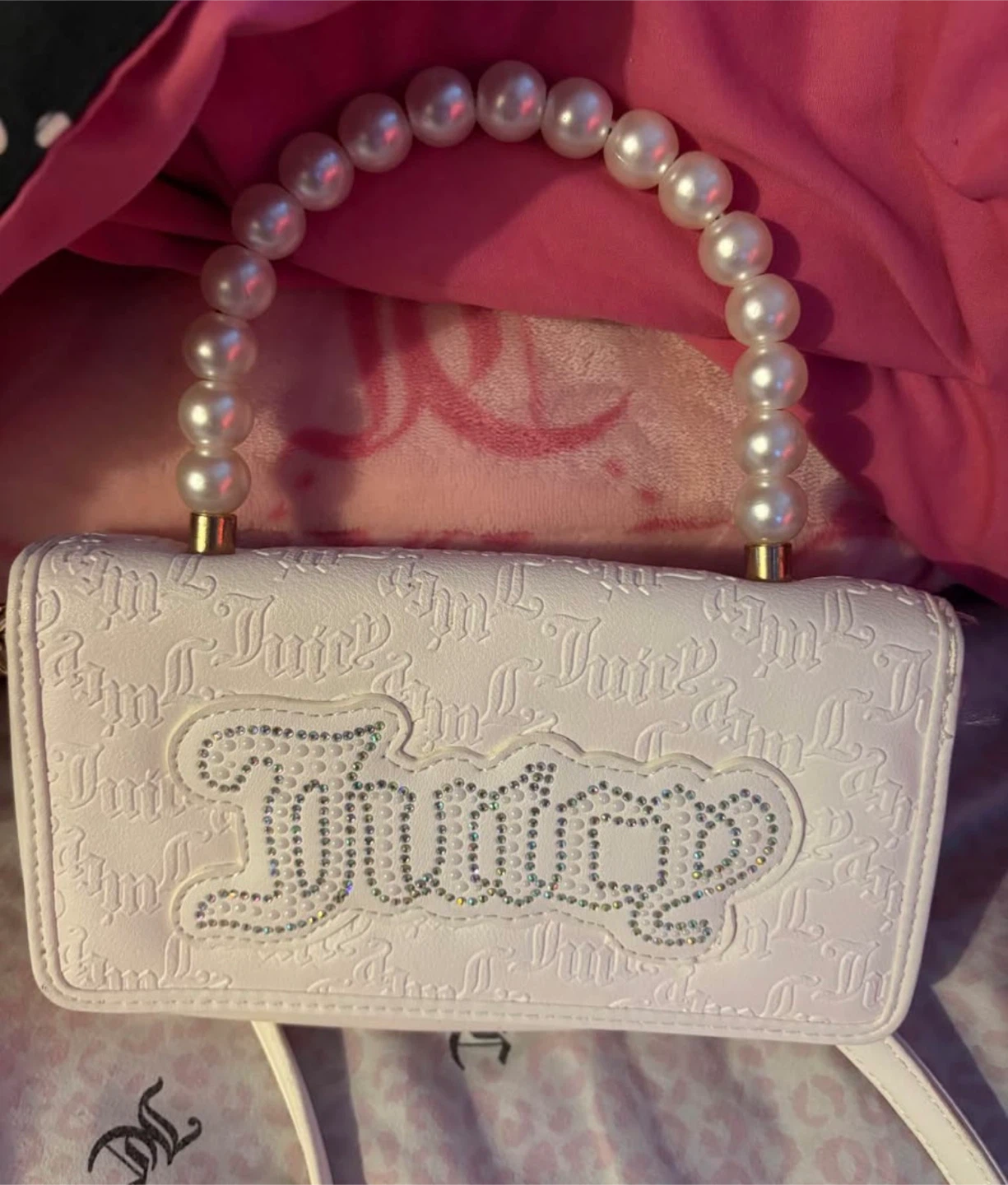 Juicy Couture White Rhinestone Clutch with Pearl Handle