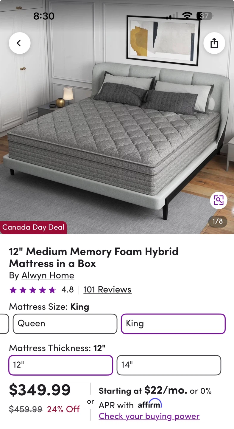12" Medium Memory Foam Hybrid Mattress - King