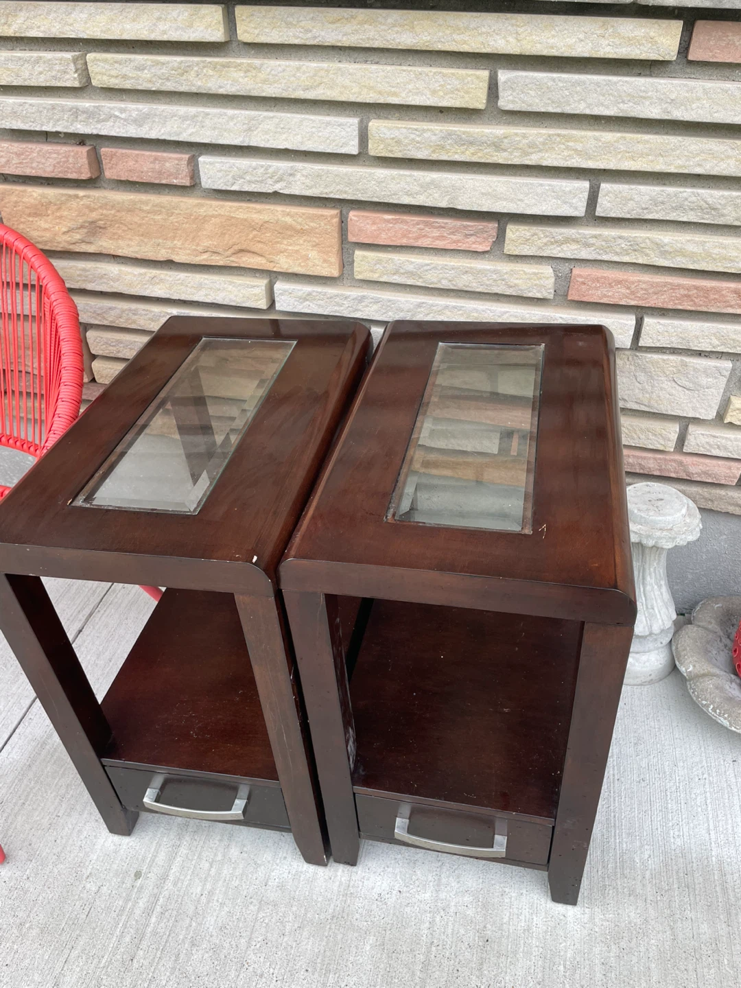 Pair of Dark Brown End Tables with Glass Tops