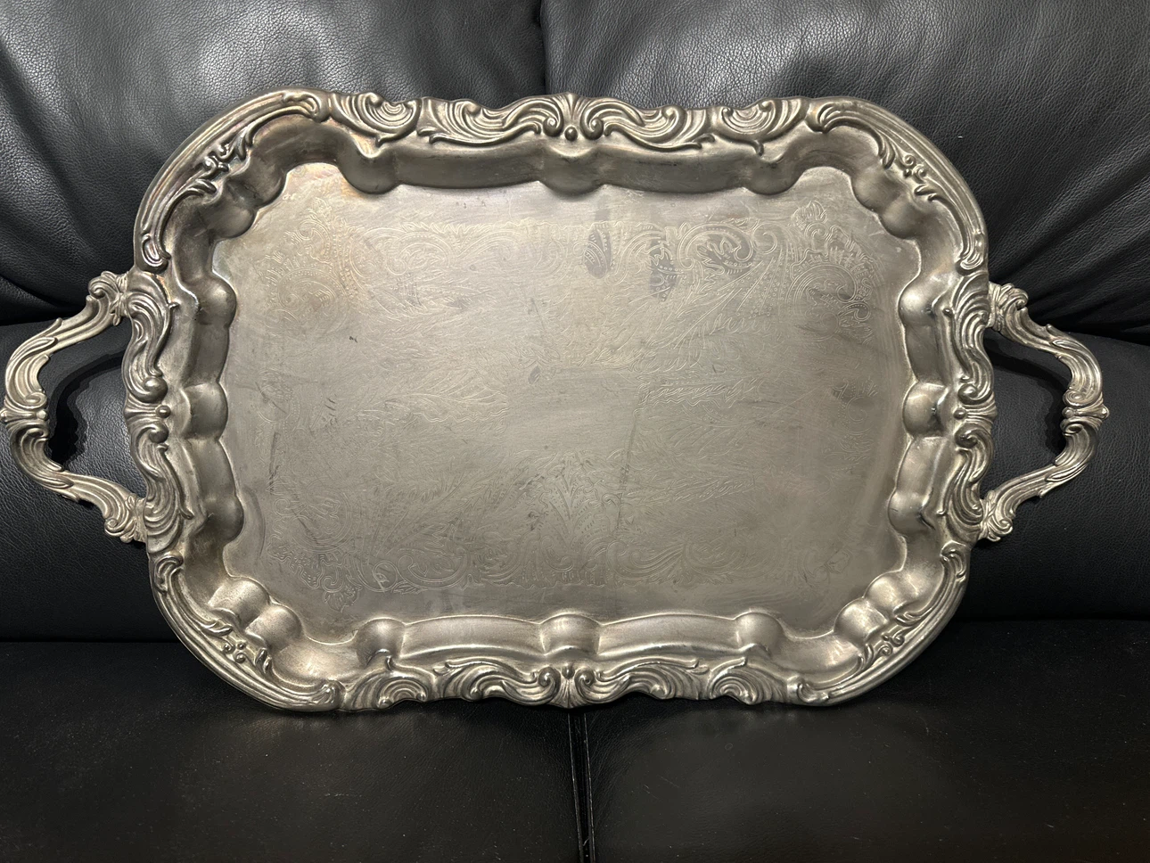 Ornate Silver-Tone Serving Tray with Handles
