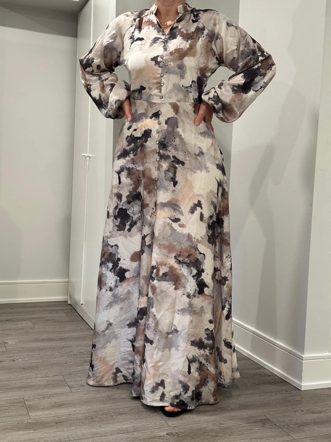 Maxi Dress - Peach Satin & Abstract Print