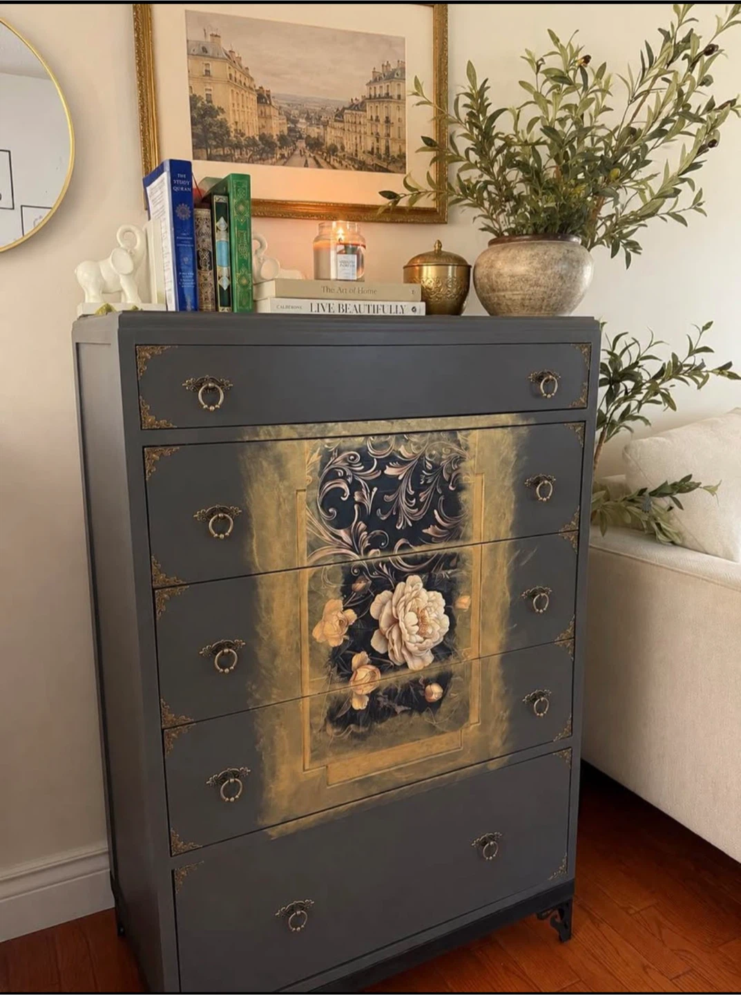 Dark Grey Dresser with Gold Floral Accents