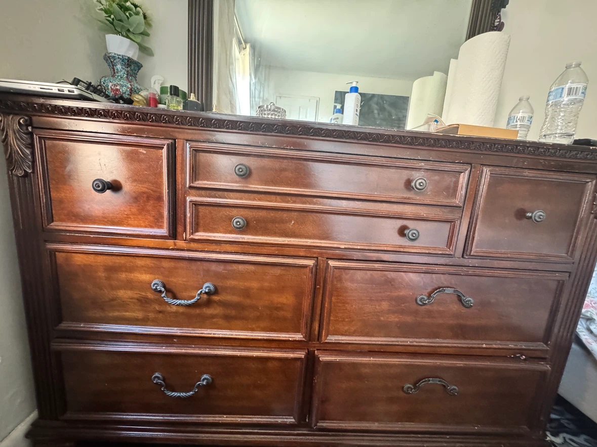 Large Wooden Dresser with Mirror and night stand - photo 2