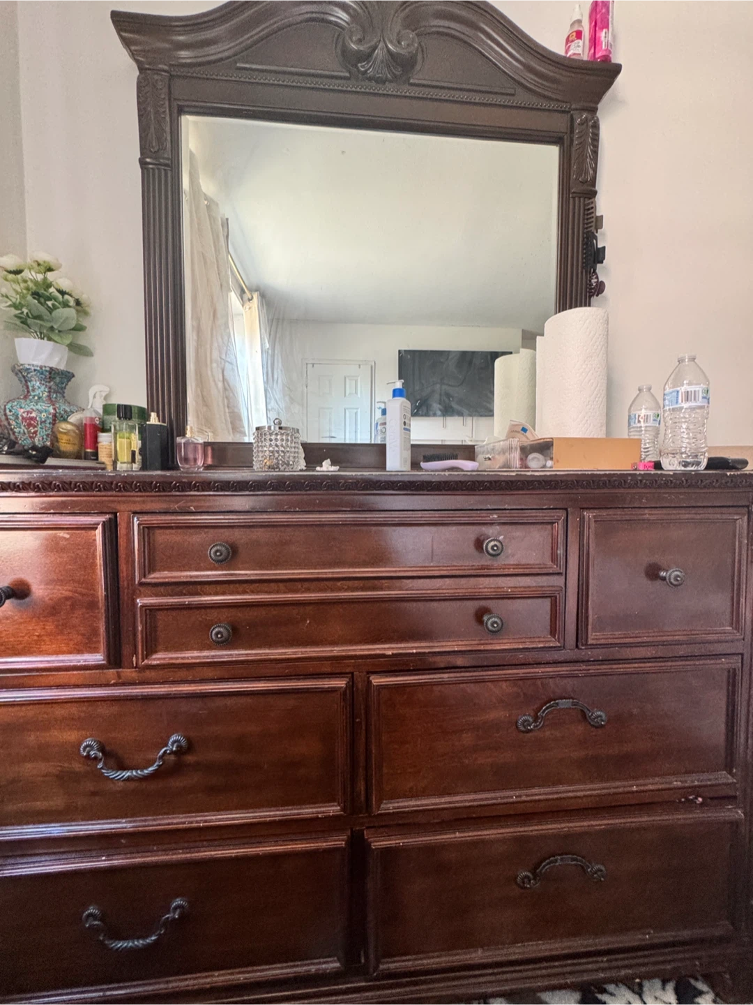 Large Wooden Dresser with Mirror and night stand - photo 3