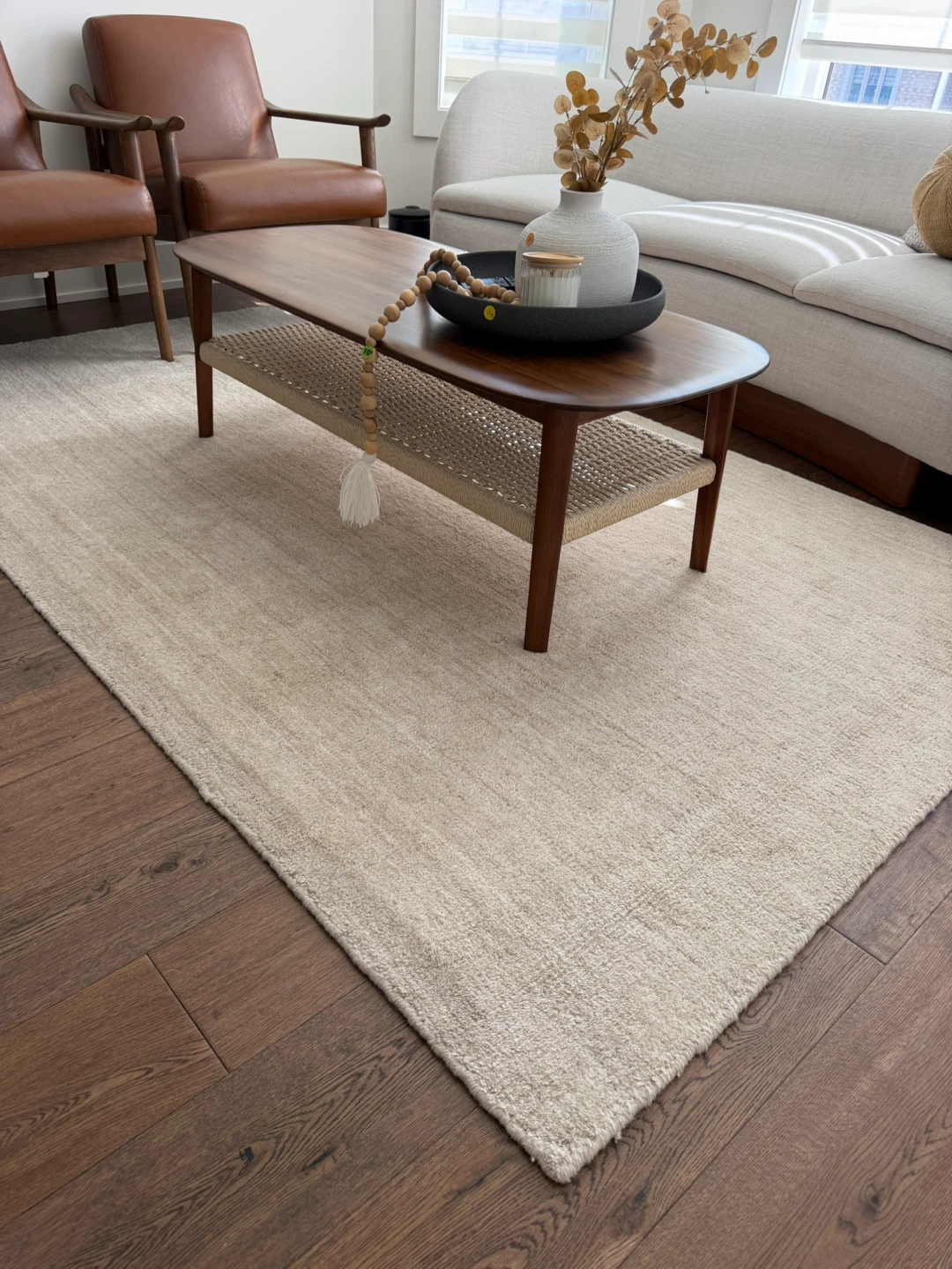 CB2 Wooden Coffee Table with Woven Shelf