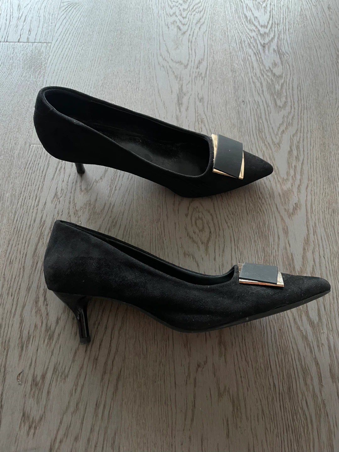 Black Suede Heels with Gold Buckle