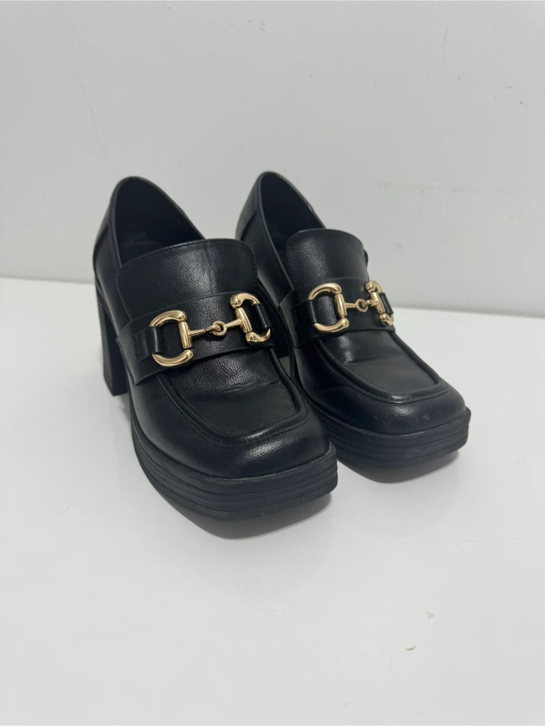 Black Platform Loafers with Gold Buckle