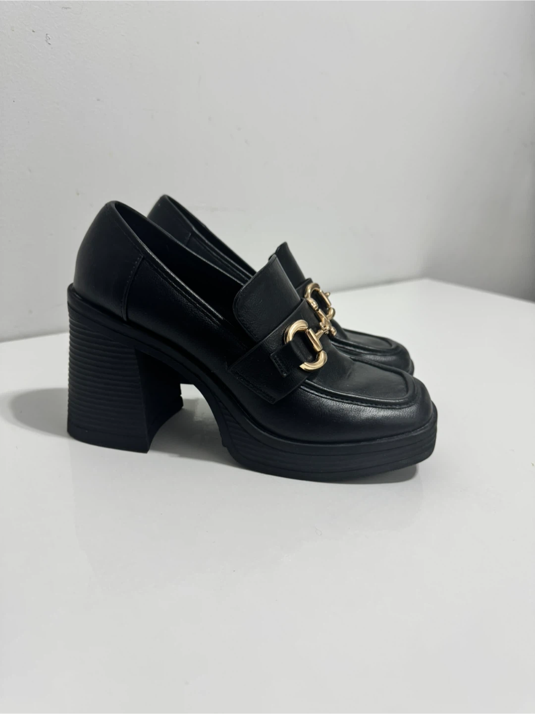 Black Platform Loafers with Gold Buckle - photo 2