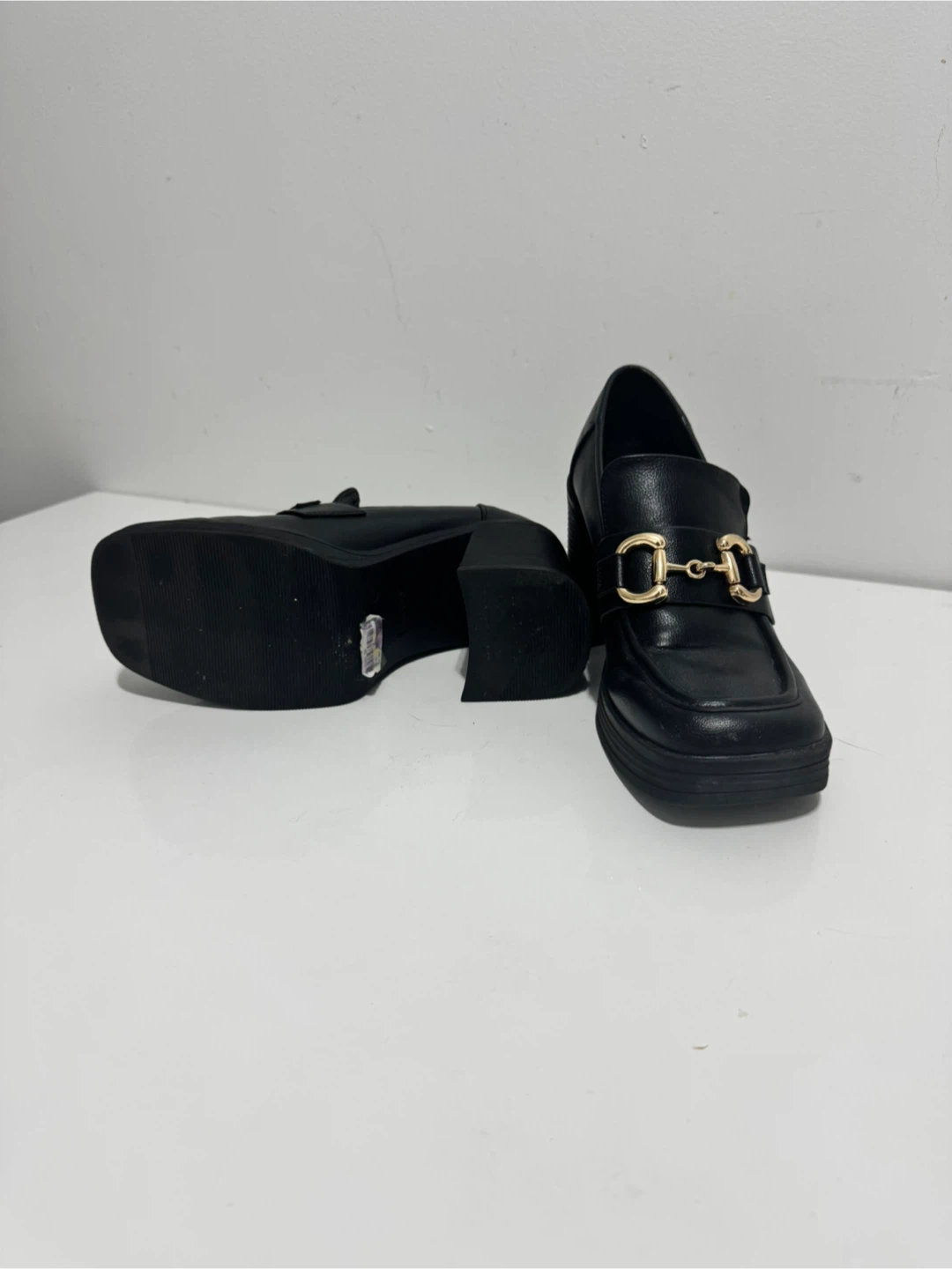 Black Platform Loafers with Gold Buckle - photo 3